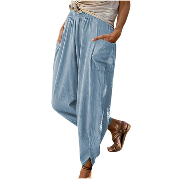 Summer Savings Clearance 2024! TAGOLD Womens Summer Pants, Women High Waist Pants Solid Color Elastic Belt Vintage Stylish Cotton And Linen Double Pockets Waist Wide-Leg Pants