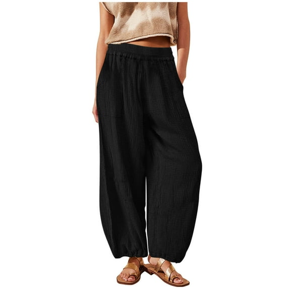 Summer Savings Clearance 2024! TAGOLD Womens Summer Pants,Women's Fashionable Solid Color Loose Elastic Waist Casual Wide Leg Trousers