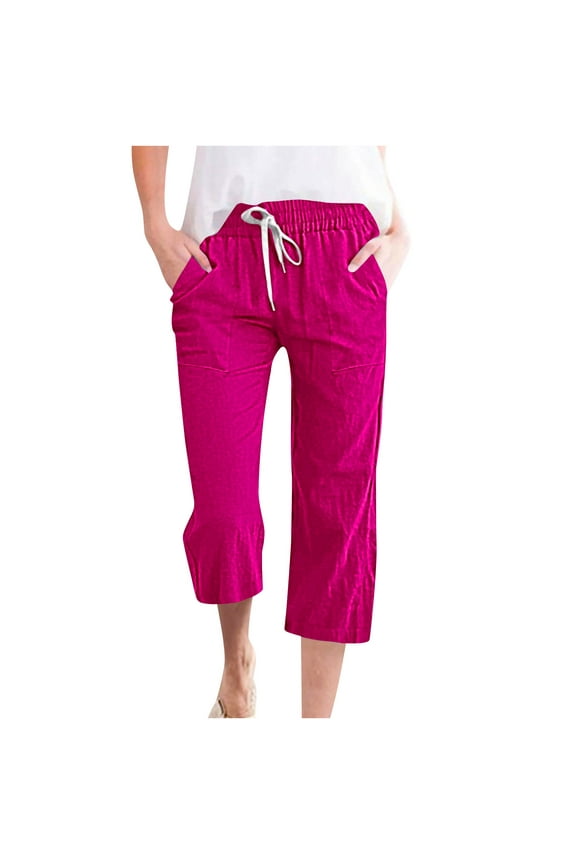 Womens Summer Pants,Women's Fragrant Hemp Solid Color Loose Women Fashion Drawstring Pants Seven Pants Pockets