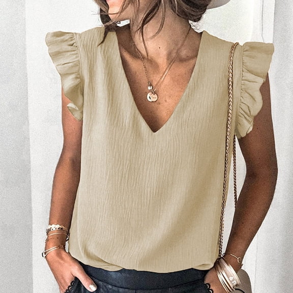 TAGOLD Womens Summer Plus Size Tops, Women's Fashion Casual Summer Sleeveless Ruffle Solid V-Neck Top Blouse Khaki M