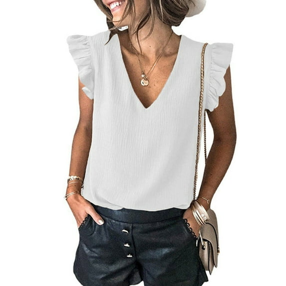 TAGOLD Womens Summer Plus Size Tops, Women's Fashion Casual Summer Sleeveless Ruffle Solid V-Neck Top Blouse White L