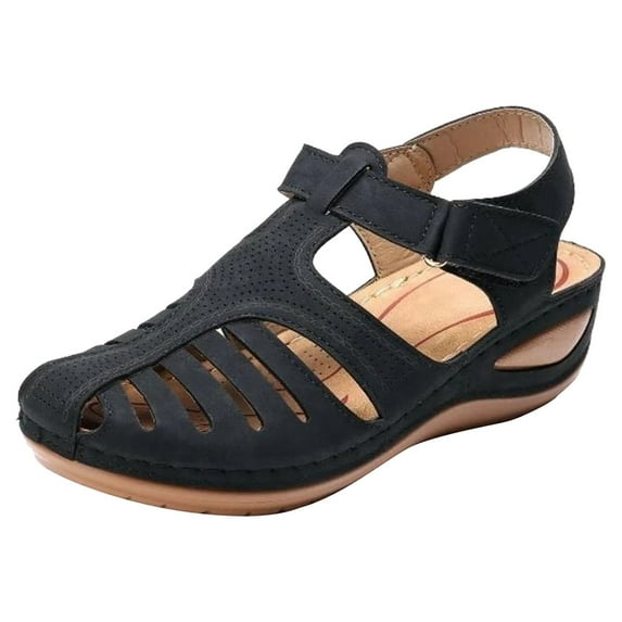 TAGOLD Womens Summer Sandals, Soft Leather Closed Toe Vintage Anti-Slip Sandals For Women High-quality Black 9