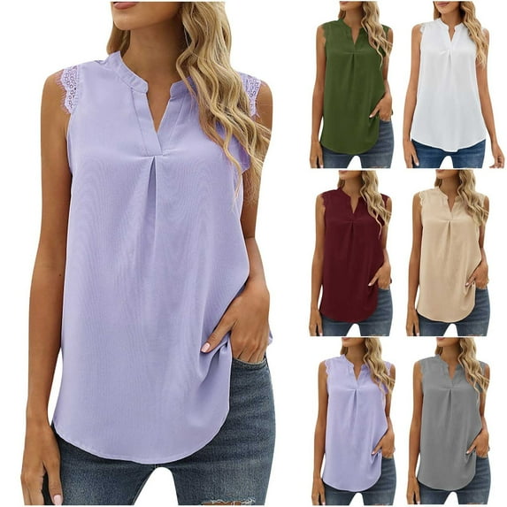 TAGOLD Womens Summer Tops,Women Casual Solid Lace Sleeveless Vest Splicing V-Neck T-Shirts Tops Purple 12