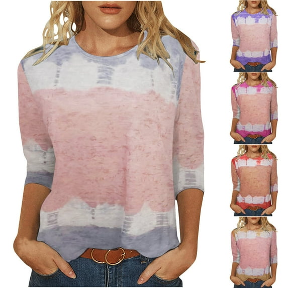 TAGOLD Womens Summer Tops,Women's Fashion Printed T-shirt Mid-length 3/4 Sleeves Blouse Round Neck Casual Tops Gray A 4