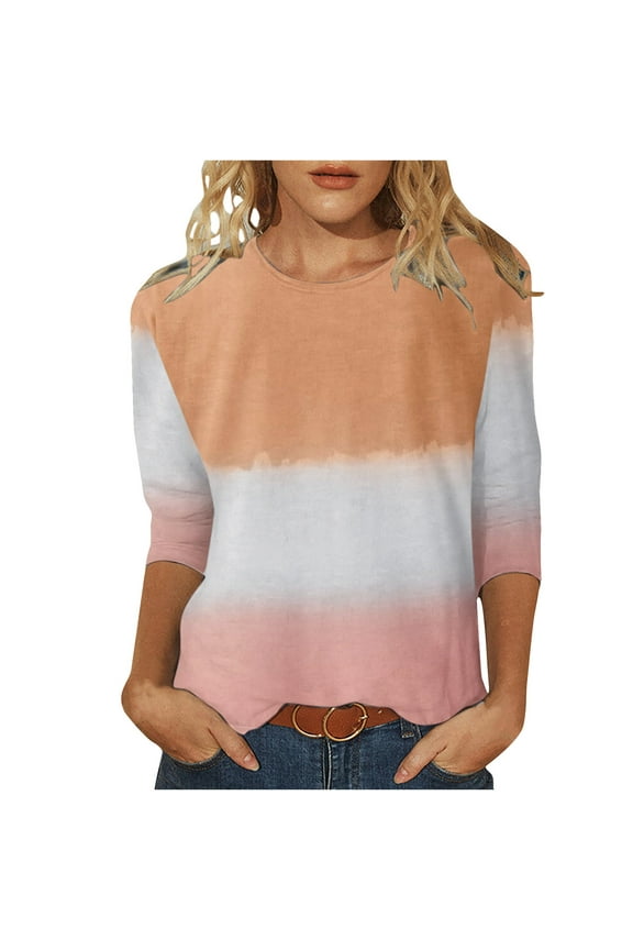 Womens Summer Tops,Women's Fashion Printed T-shirt Mid-length 3/4 Sleeves Blouse Round Neck Casual Tops Khaki M 4