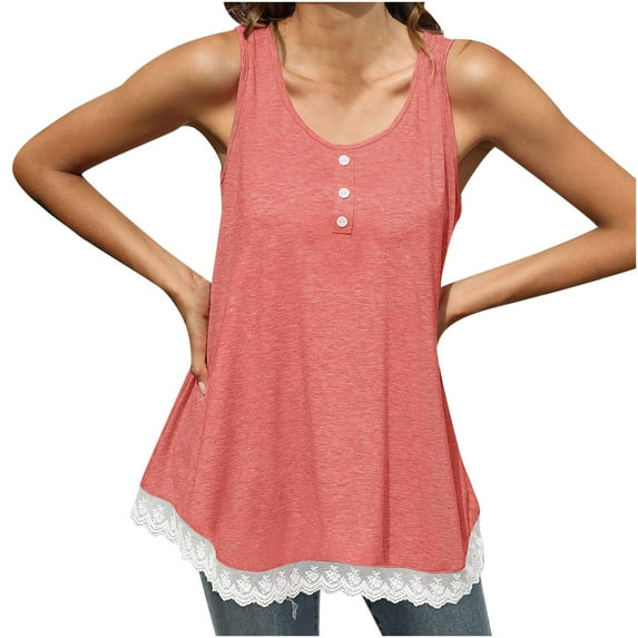 Summer Savings Clearance 2024! TAGOLD Womens Summer Tops,Women's Summer Sleeveless Solid Lace Patchwork Button Round Neck Tank Top Pink 10