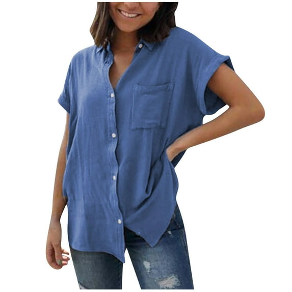 TAGOLD Womens Summer Tops, Women's Tops Fashion Solid Button Shirt Female V-Neck Loose T-shirt Blouse Blue