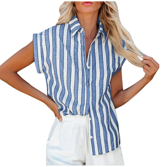 Summer Savings Clearance 2024! TAGOLD Womens Summer Tops, Women's Tops Fashion Striped Print Button Shirt Female V-Neck Loose T-shirt Blouse Blue