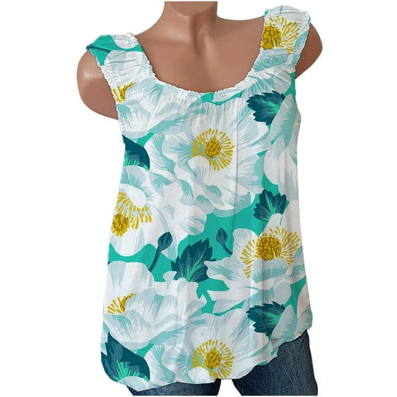 Summer Savings Clearance 2024! TAGOLD Womens Summer Tops,Women Casual Sleeveless Crewneck Print Blouse Pullover Tank Tops Shirt Green 10