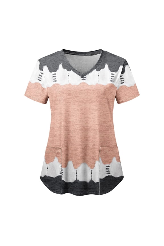 Womens Summer Tops, Womens Tops Fashion Short Sleeve V-Neck Tops Working Uniform Printing Pocket Blouse Tops Gray