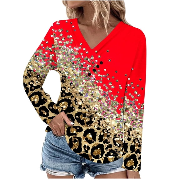 Summer Savings Clearance 2024! TAGOLD Womens Tops, Women's Fashion Printed Loose T-shirt Long Sleeves Blouse V-Neck Casual Tops