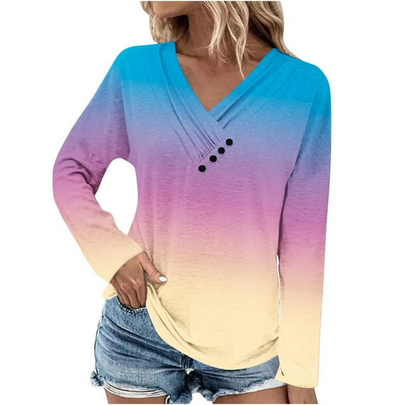 Summer Savings Clearance 2024! TAGOLD Womens Tops, Women's Fashion Printed Loose T-shirt Long Sleeves Blouse V-Neck Casual Tops