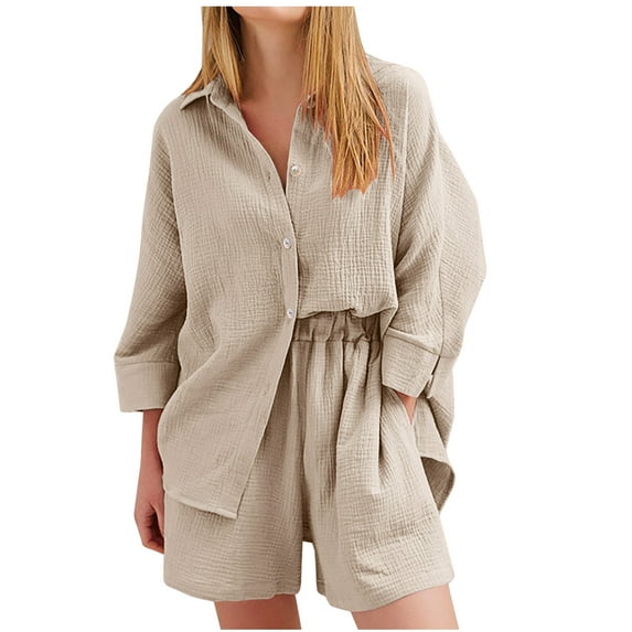 Summer Savings Clearance 2024! TAGOLD Womens Two Piece Outfits Sets,Fashion Women Solid V-Neck Button Casual 3/4 SLeeve Top+ Short Pant Set