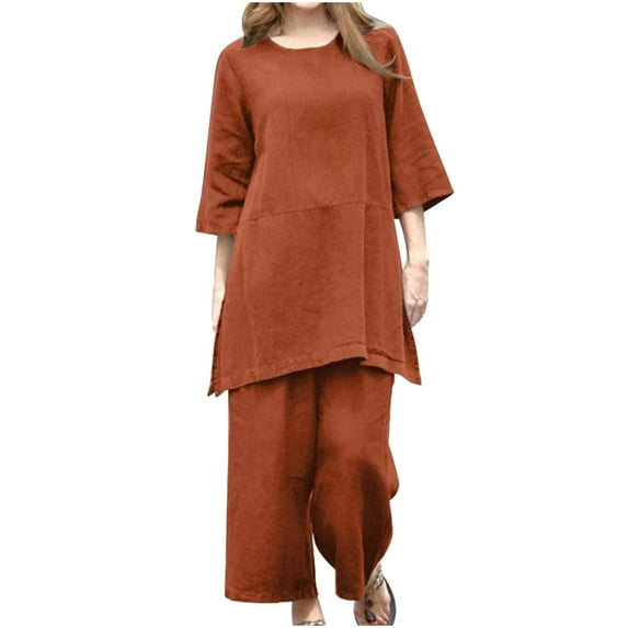 Summer Savings Clearance 2024! TAGOLD Womens Two Piece Outfits Sets,Fashion Women Summer Casual Solid Short Sleeve Round-Neck Sleeve Blouses Botton Tops Long Pants