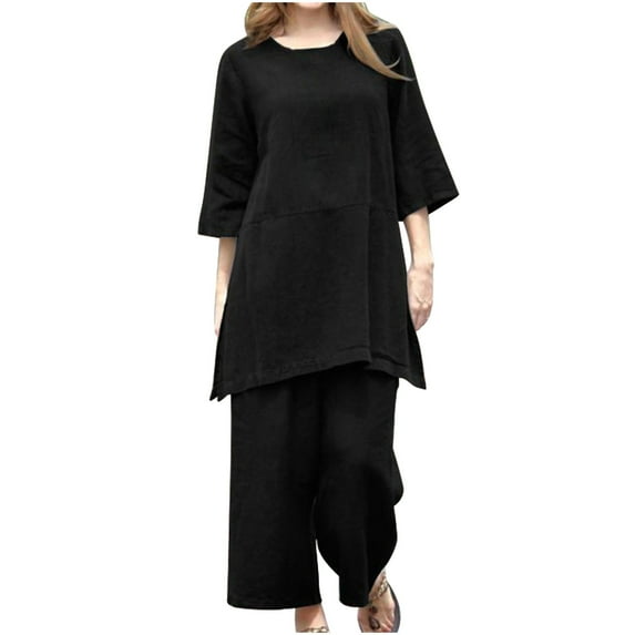Summer Savings Clearance 2024! TAGOLD Womens Two Piece Outfits Sets,Fashion Women Summer Casual Solid Short Sleeve Round-Neck Sleeve Blouses Botton Tops Long Pants