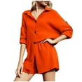 thumbnail image 1 of Summer Savings Clearance 2024! TAGOLD Womens Two Piece Outfits Sets,Women's Cotton Solid Turndown Collar Long Sleeve Shirt Blouse + Shorts Pants Set With Pocket, 1 of 5