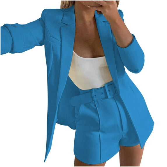 Summer Savings Clearance 2024! TAGOLD Womens Two Piece Outfits Sets,Women's Fashion Solid Color Long Sleeve Turndown Collar Coat Casual Short Pants Belt Three Piece Set