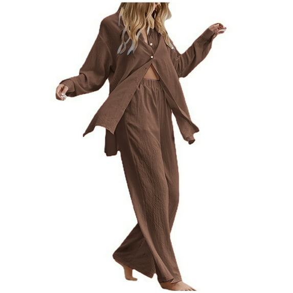 Summer Savings Clearance 2024! TAGOLD Womens Two Piece Outfits Sets,Women's Solid Button Long Sleeve Shirt Blouse And Pants Set With Pocket