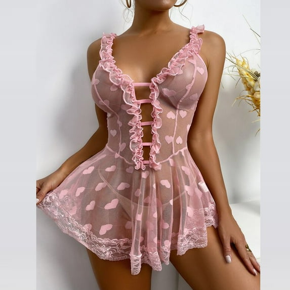 Summer Savings Clearance 2024! TAGOLD Womens lingerie,Women's Fashion Sexy Soild Heart Print Lace Splicing Mesh Nightdress