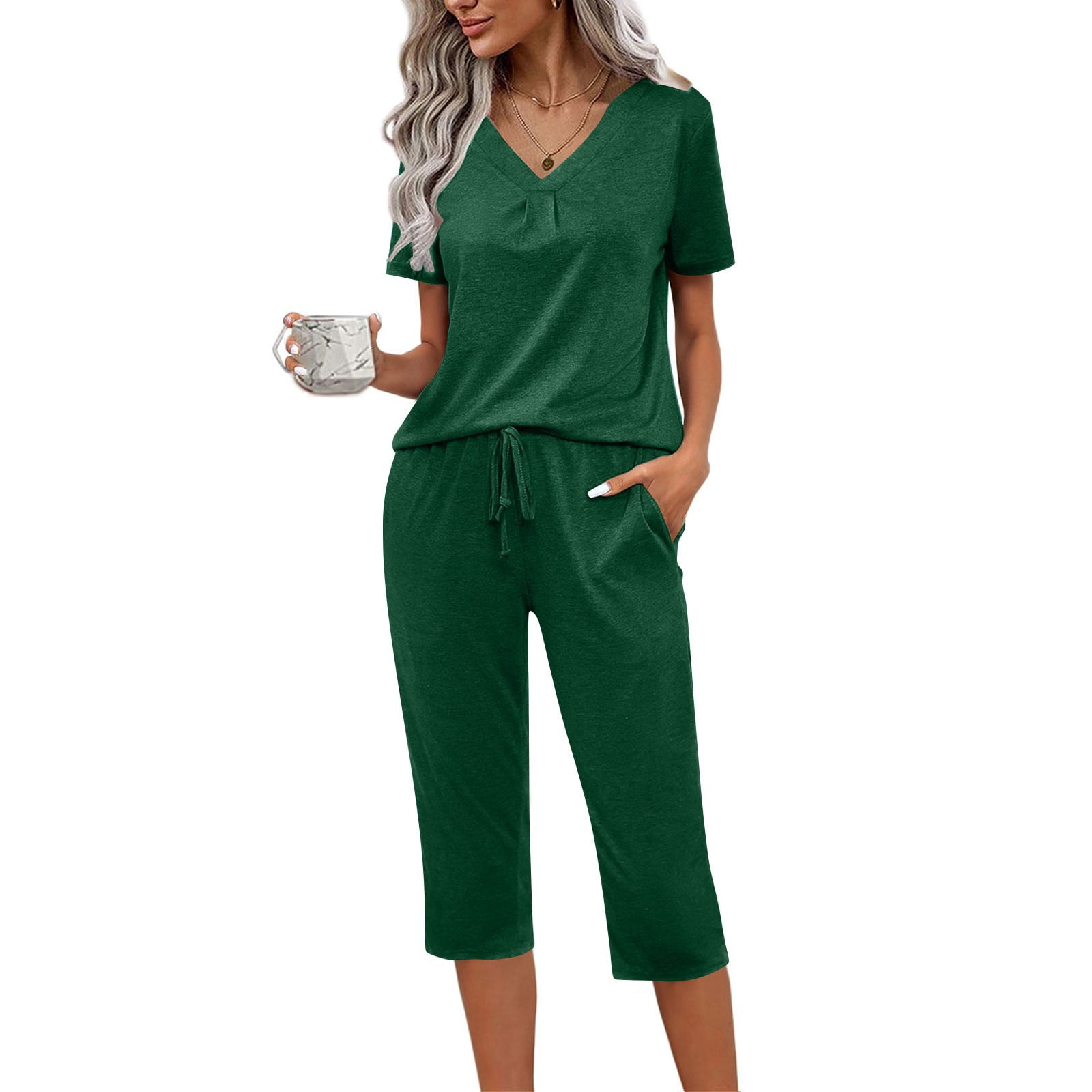 Summer UPPADA Womens 2 Piece Outfits for Summer Sets V-Neck Short Sleeve Shirts Pleated Tops Straight Capri Pants With Pockets Two Piece Outfits Women