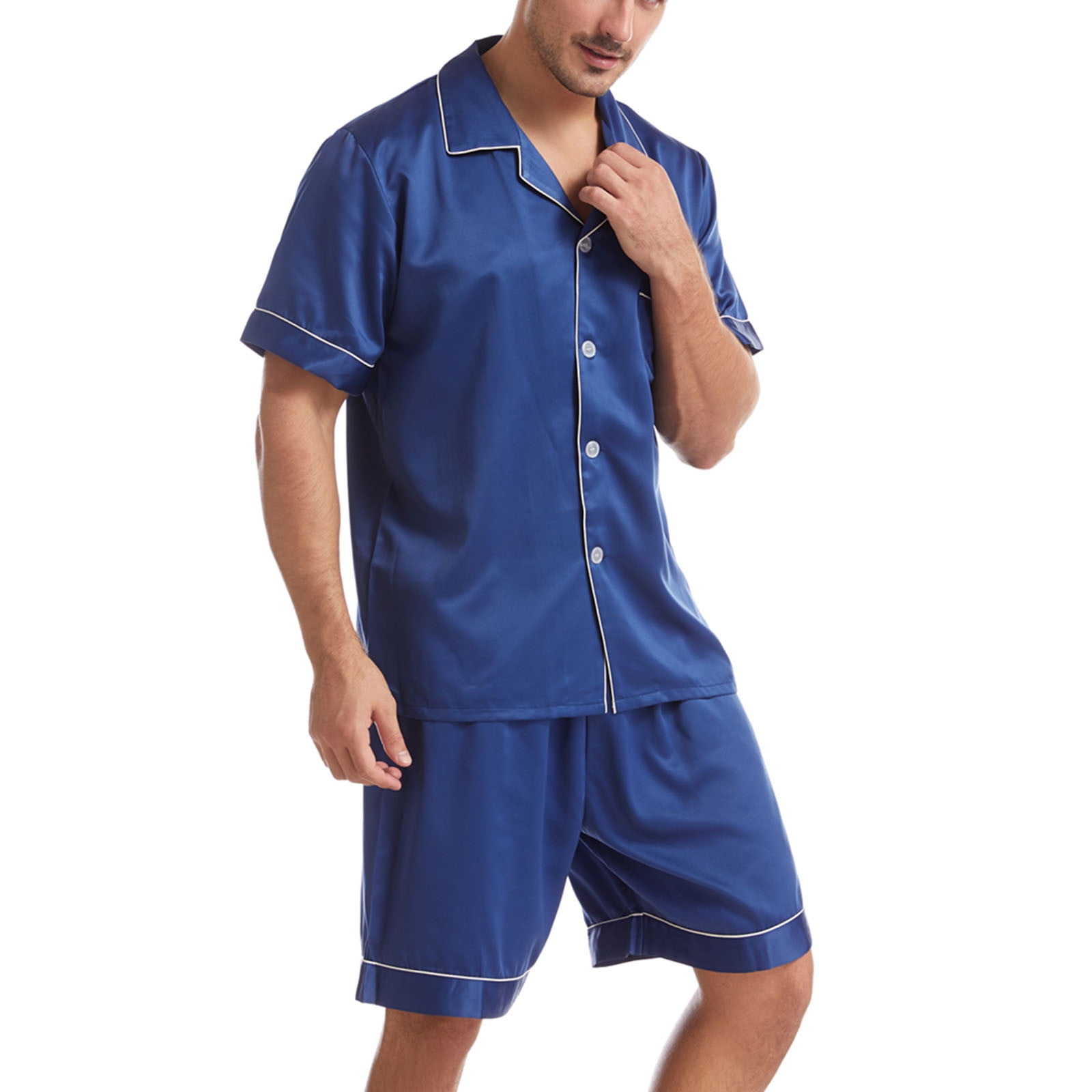 Summer Savings Clearance 2024! itsun Mens Pajamas Set, Men's Matte Loose Pockets Button Plus Size Lapel Solid Short Pajama Set Dark Blue