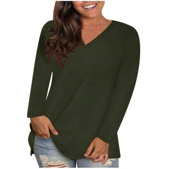 Summer Savings Clearance 2024! loopsun Summer Tops for Womens,Women's Fashion Plus-Size Solid O-Neck Loose Long Sleeve T-shirt Pullover Tops Army Green S