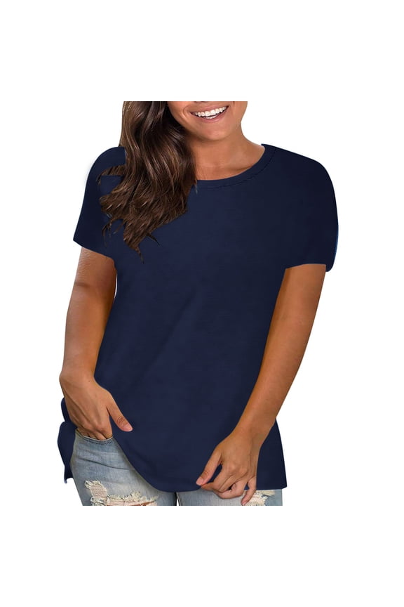 Summer Tops for Womens,Women's Fashion Plus-Size Solid O-Neck Loose Short Sleeve T-shirt Pullover Tops Navy XXXL