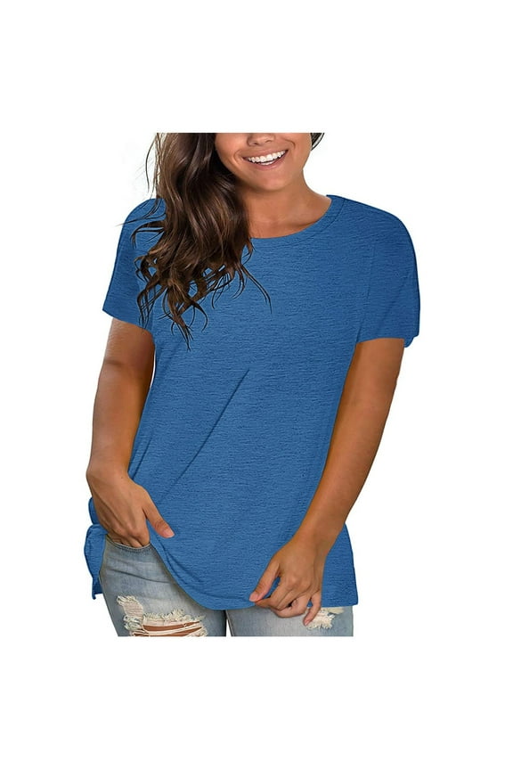 Summer Tops for Womens,Women's Fashion Plus-Size Solid O-Neck Loose Short Sleeve T-shirt Pullover Tops Blue M