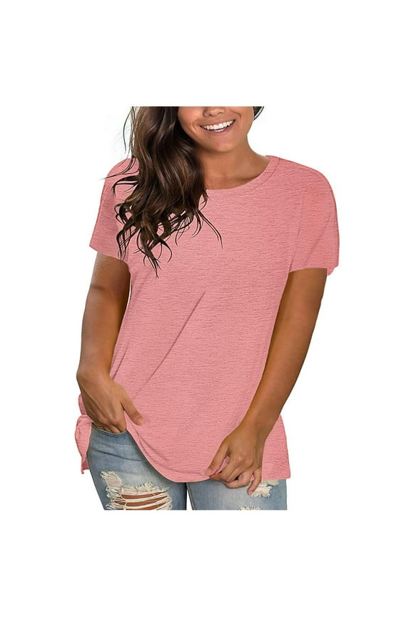Summer Tops for Womens,Women's Fashion Plus-Size Solid O-Neck Loose Short Sleeve T-shirt Pullover Tops Pink S