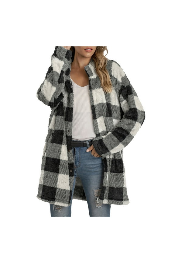 2026 yoeyez Women Flannel Shacket Jacket Coat Plaid Shirts Flannel Lapel Button Down Shacket Outerwear Coats Loose Casual Tops