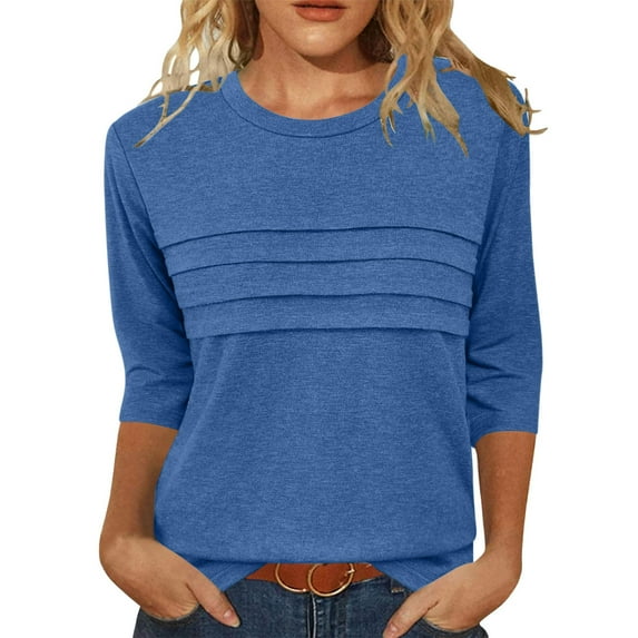 Summer Savings Clearance 2025 3/4 Length Sleeve Womens Tops Crew Neck Pullover Tshirt Pleated Blouse Shirt Basic Solid Color Tees Summer Top Clearance Sales Today