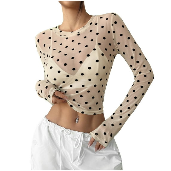 Abomasnow Women's Blouses Trendy Crew Neck Polka Dot Sheer Mesh Tops Sexy Long Sleeve See Through Shirt Clubwear Beige, Large