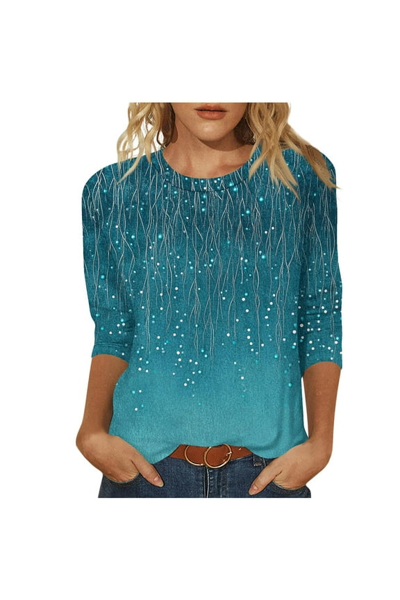 Women's Plus Size Sequin Graphic Tops Trendy 3/4 Sleeve Crewneck Tunic Tops Dressy Casual Vacation Blouses, S-5XL Blue