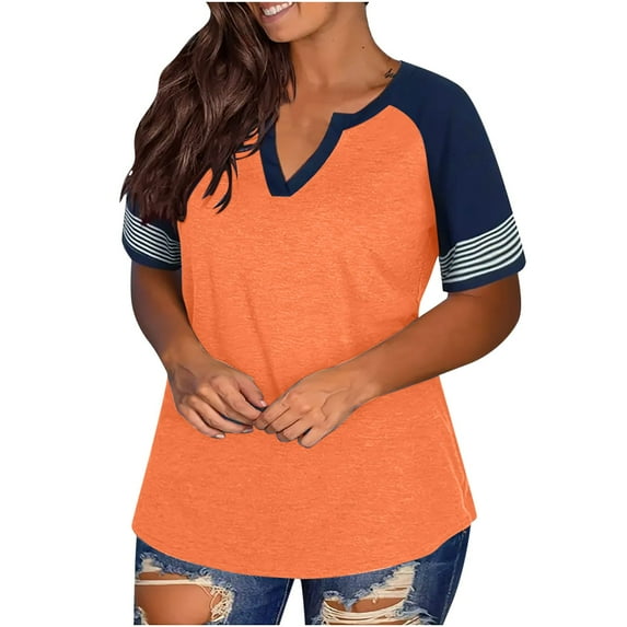 Summer Savings Clearance 2025 Abomasnow Women's Plus Size Tops Dressy Casual Short Sleeve V Neck Striped Tunic Tops Loose Fit Color Blocking Pullover Blouses
