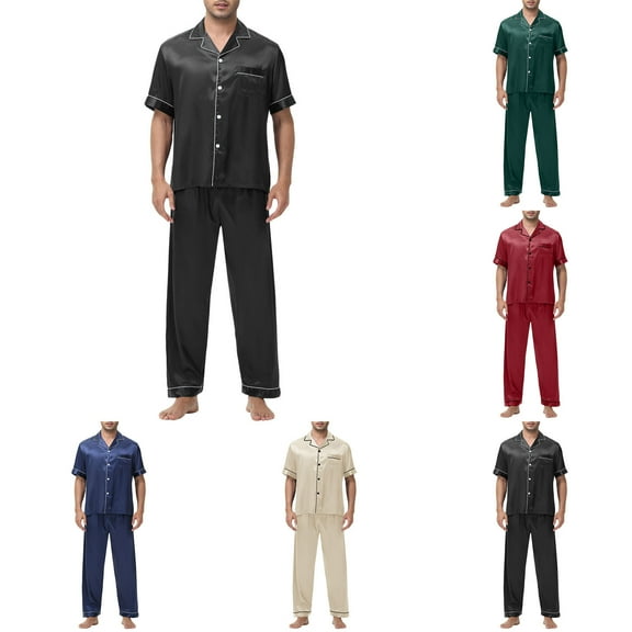 Agkizg Mens Silk Satin Pajama Set Two-piece Pjs Sets Plus Size Short Sleeve Shirt and Long Pajama Pant Set Soft Sleepwear Loungewear Nightwear Sets Green S