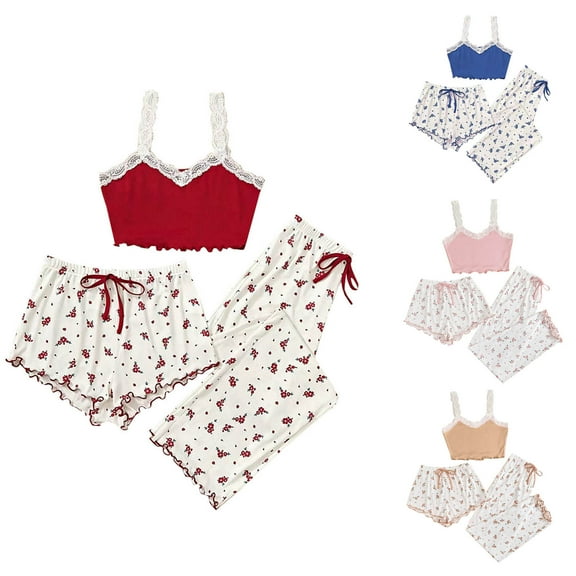 Agkizg Summer Womens Pajama Set Three-piece Pjs Sets Plus Size Cute Cami + Shorts + Long Pajama Pant Set Soft Sleepwear Loungewear Nightwear Sets Blue S