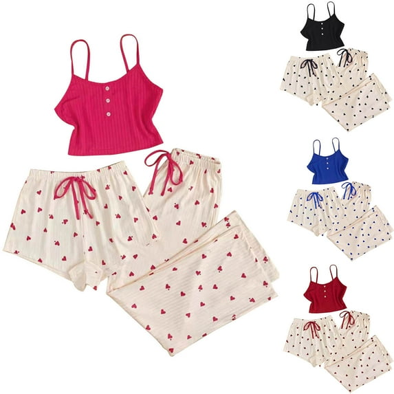 Agkizg Summer Womens Pajama Set Three-piece Pjs Sets Plus Size Cute Cami + Shorts + Long Pajama Pant Set Soft Sleepwear Loungewear Nightwear Sets Blue XL