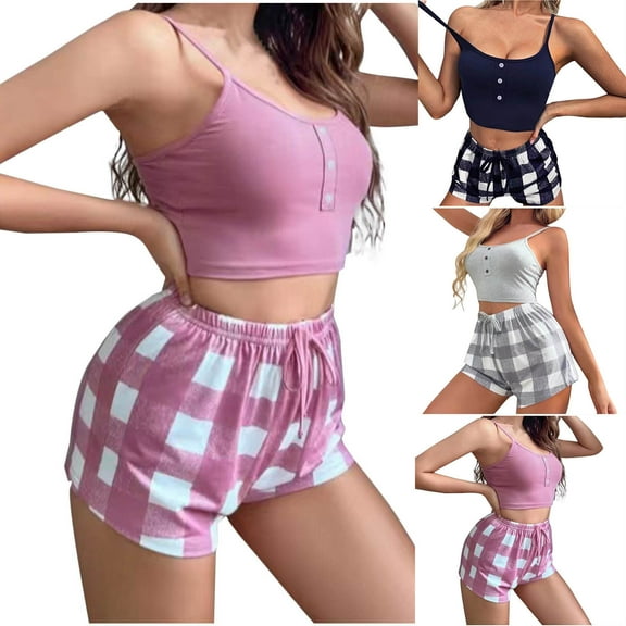 Agkizg Summer Womens Pajama Set Two-piece Pjs Sets Plus Size Cami and Shorts Pajama Set Soft Sleepwear Loungewear Nightwear Sets Blue S