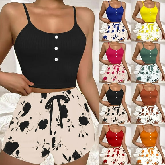 Agkizg Summer Womens Pajama Set Two-piece Pjs Sets Plus Size Print Cami and Shorts Pajama Set Soft Sleepwear Loungewear Nightwear Sets Black L