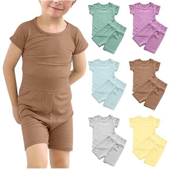 Agkizg Toddler Baby Boys Two-Piece Set,Sleepwear for Kids,Children's Summer Lightweight Short Sleeve Solid Color T-Shirt and Shorts Pajama Set,2-Piece,Sizes 6M-7Y