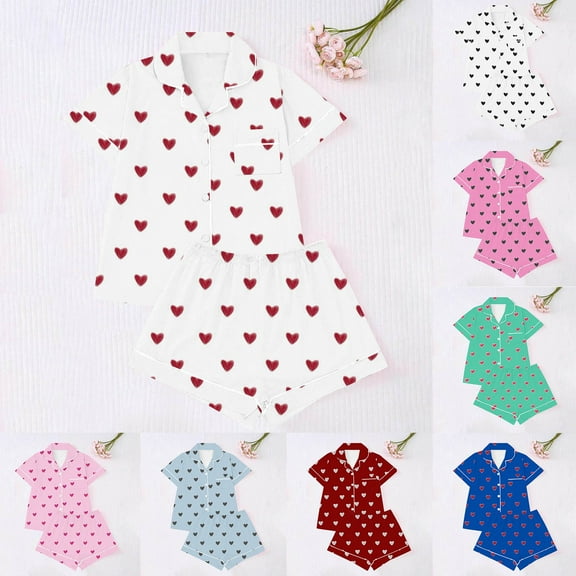 Agkizg Toddler Baby Girls Two-Piece Set,Sleepwear for Kids,Children's Summer Short Sleeve Heart Print T-Shirt and Shorts Pajama Set,2-Piece,Sizes 2-12Y