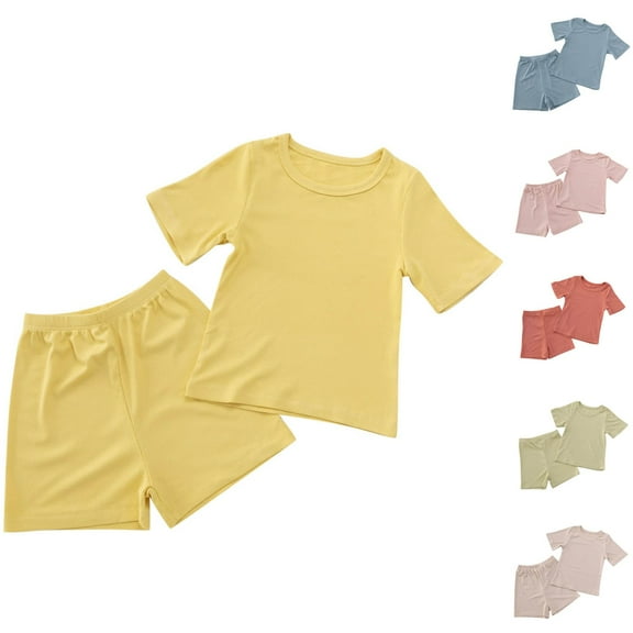 Agkizg Toddler Baby Girls Two-Piece Set,Sleepwear for Kids,Children's Summer Short Sleeve Solid Color T-Shirt and Shorts Pajama Set,2-Piece,Sizes 1-4Y