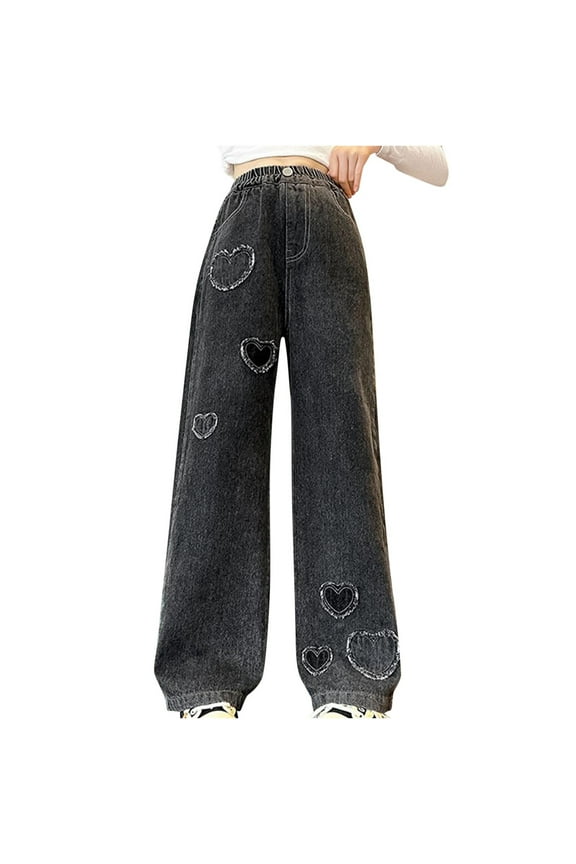 Toddler Boys Casual Jeans,Kids Denim Pants,8-16 Years Children's Fashion Love Haired Mid Waist Loose Pocket Wide Leg Cowboy Pants