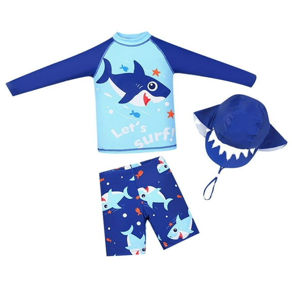 Agkizg Toddler Boys Swimsuits,Long-Sleeve Rashguard and Swim Trunk Set for Kids,Children's Swimsuit Top + Pants + Hat Sunscreen Breathable Easy To Dry Swimsuit Set