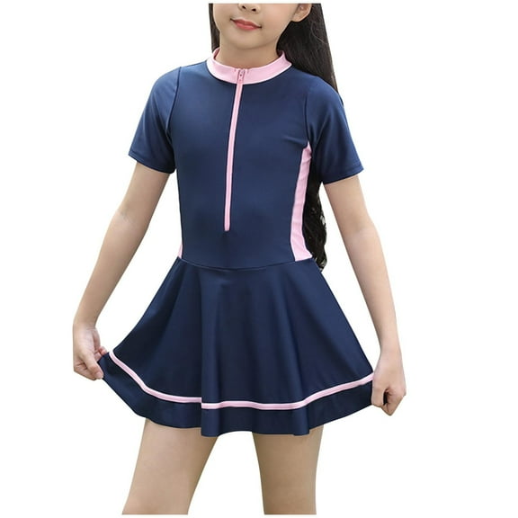 Agkizg Toddler Girls Swimsuits,One-Piece Rashguard Bathing Suit for Kids,Girl's Color Blocked Round Neck Tight Fitting Short Sleeved Swimsuit Pleated Skirt
