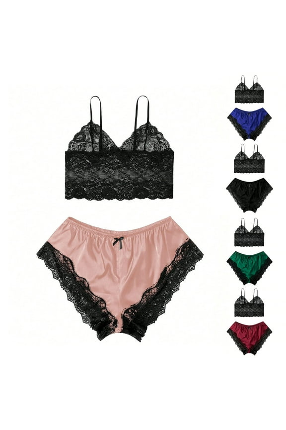 Womens Silk Satin Pajama Set Two-piece Pjs Sets Plus Size Lace Cami and Shorts Pajama Set Soft Sleepwear Loungewear Nightwear Sets Black 4XL