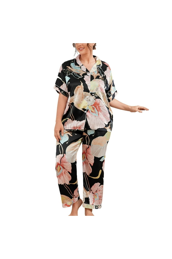 Womens Silk Satin Pajama Set Two-piece Pjs Sets Plus Size Print Short Sleeve Shirt and Long Pajama Pant Set Soft Sleepwear Loungewear Nightwear Sets Black 3XL