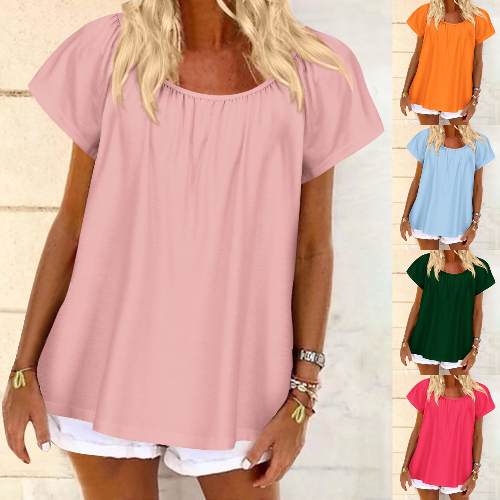 Plus Size Women Summer Artsy Pure Color Cotton O-Neck Blouse main image 0