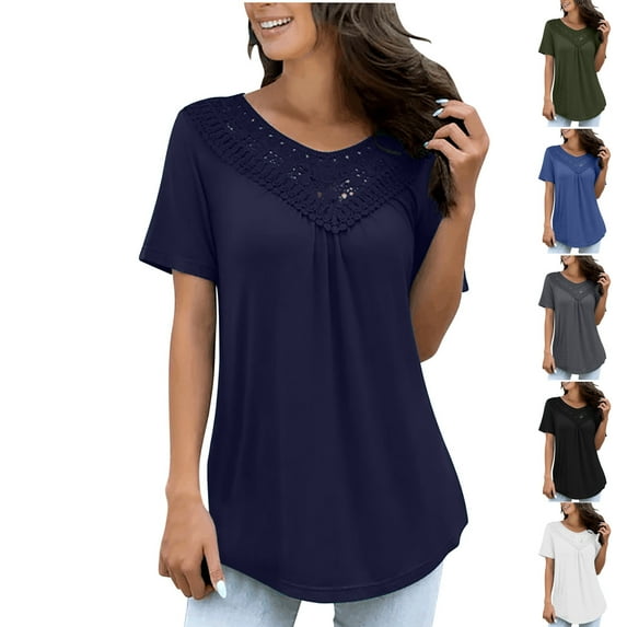 Akafmk Plus Size Womens Summer Tops,Short Sleeve Tops for Women,Fashion Casual Solid Color T-Shirt Patchwork Lace Loose Tunic Blouse