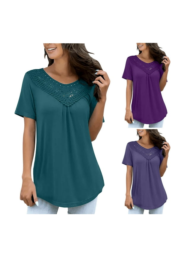 Plus Size Womens Summer Tops,Short Sleeve Tops for Women,Fashion Casual Solid Color T-Shirt Patchwork Lace Loose Tunic Blouse